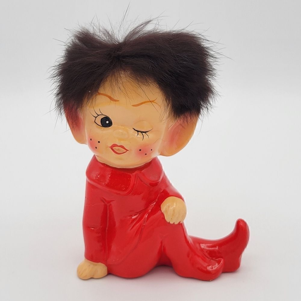 RARE Pristine 1950's Winking Red Pixie Elf Pointy Ear Real Fur Hair Figurine